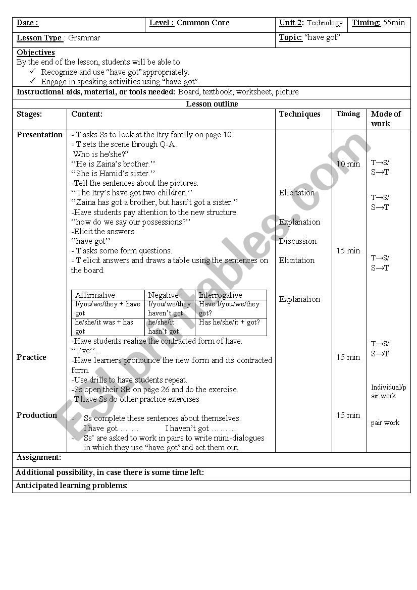 Have or has got worksheet