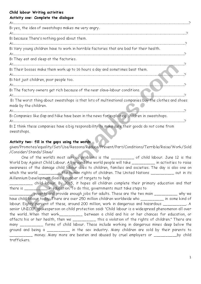 child labour worksheet worksheet