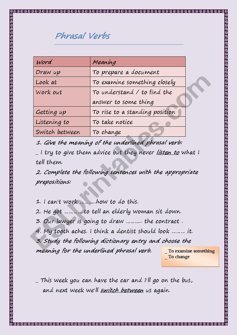 Phrasal verb worksheet worksheet