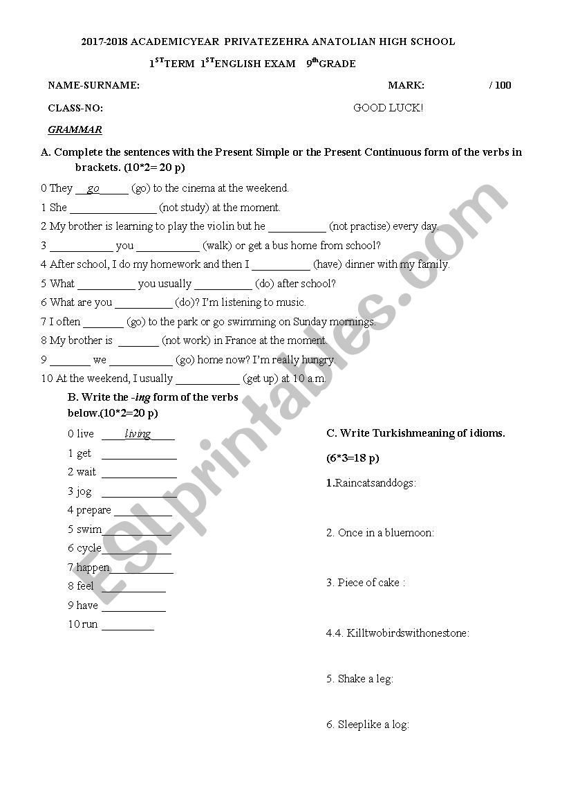 A2 First Exam worksheet