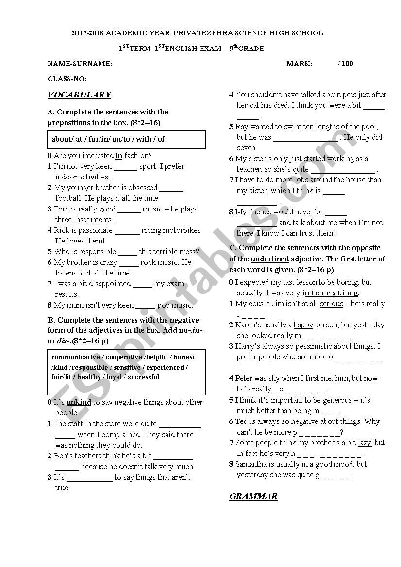 B1 first Exam worksheet