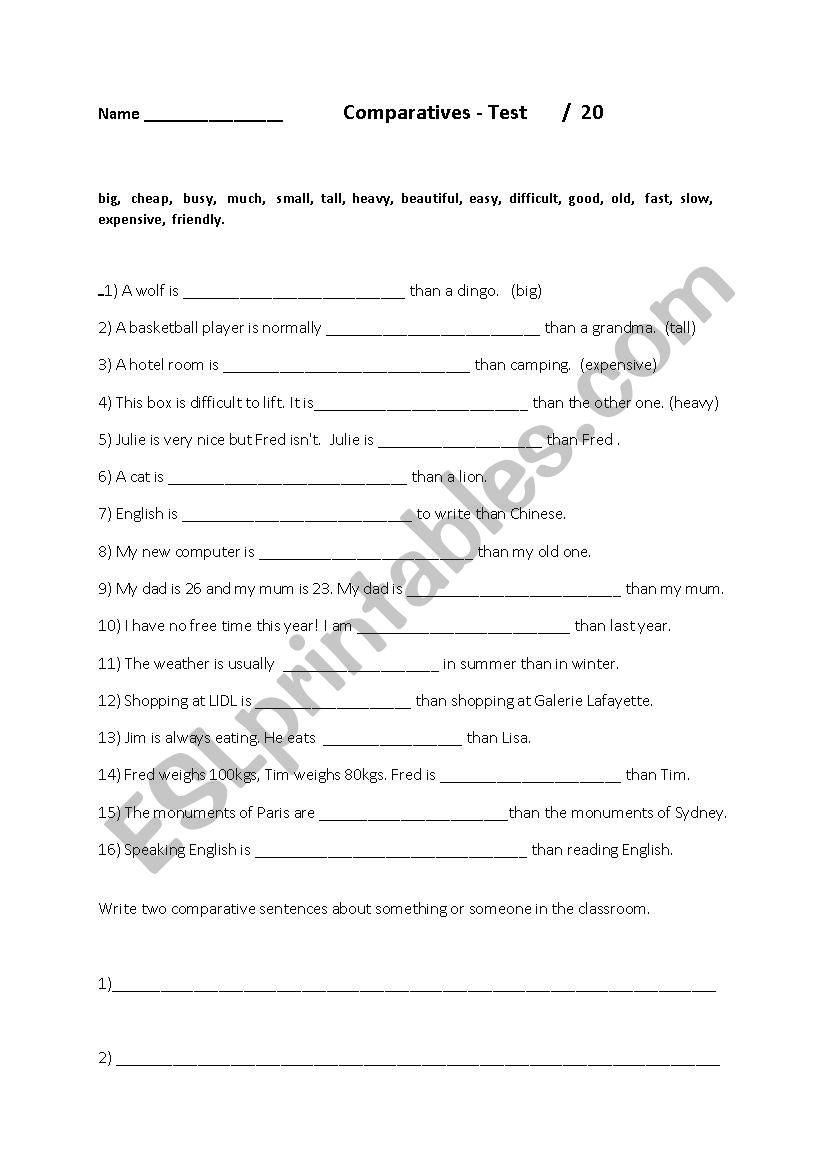 Comparatives exam/exercise worksheet