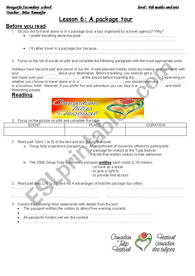 a package holiday worksheet
