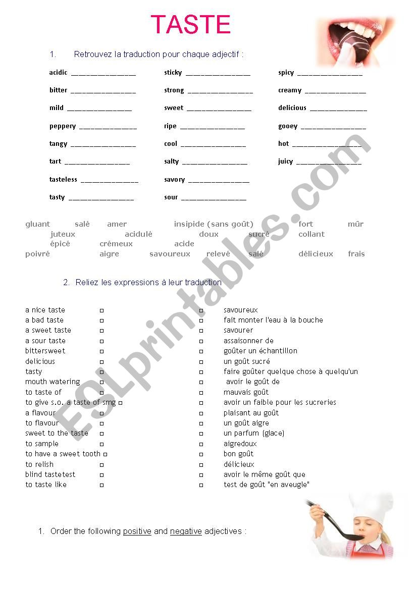 Food taste adjectives worksheet