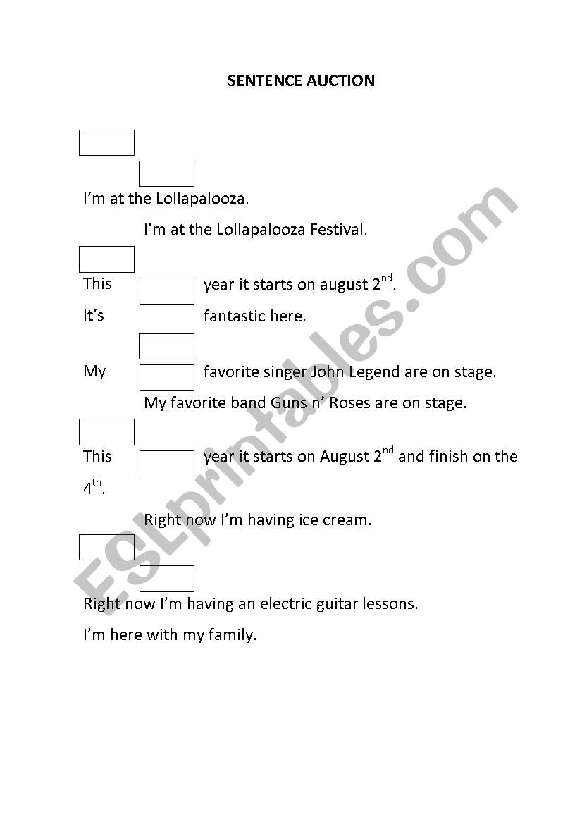 Sentence Auction worksheet