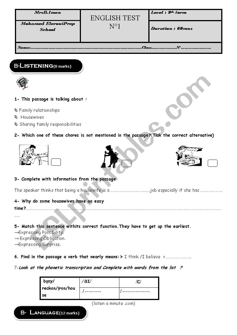 Test 1 9th form worksheet