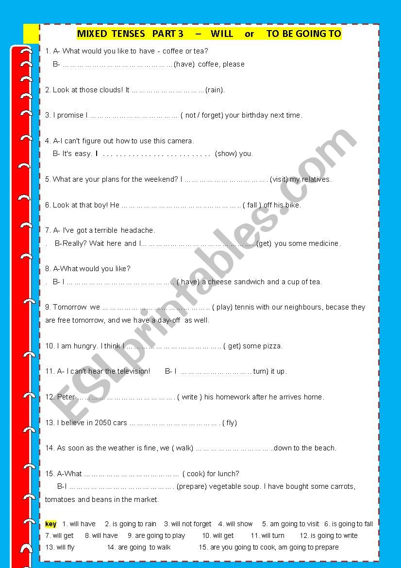 Mixed Tenses part 3 with key worksheet