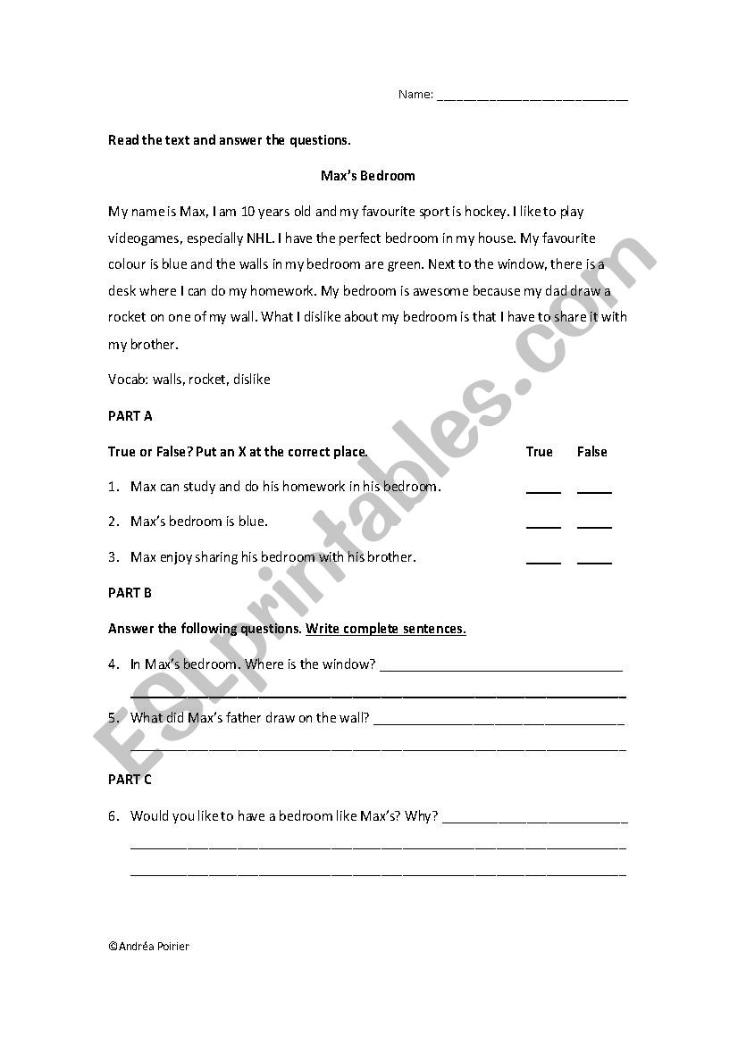Maxs Bedroom - Reading and Comprehension Questions