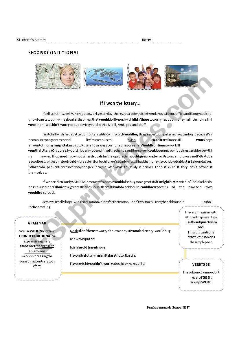 ESL second conditional reading exercise with grammar summary