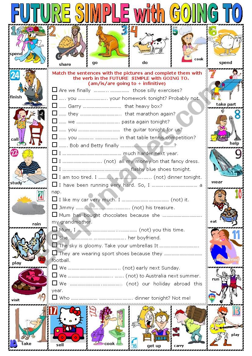 FUTURE SIMPLE with GOING TO -  Pictionary + Exercises + KEY + teacherÂ´s extras 