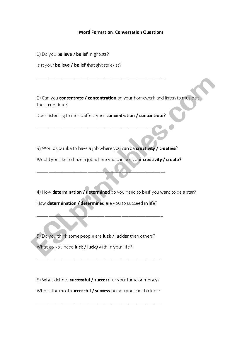 FCE Word Formation conversation questions