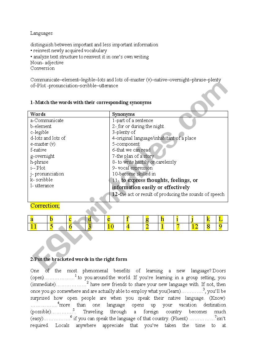 languages worksheet