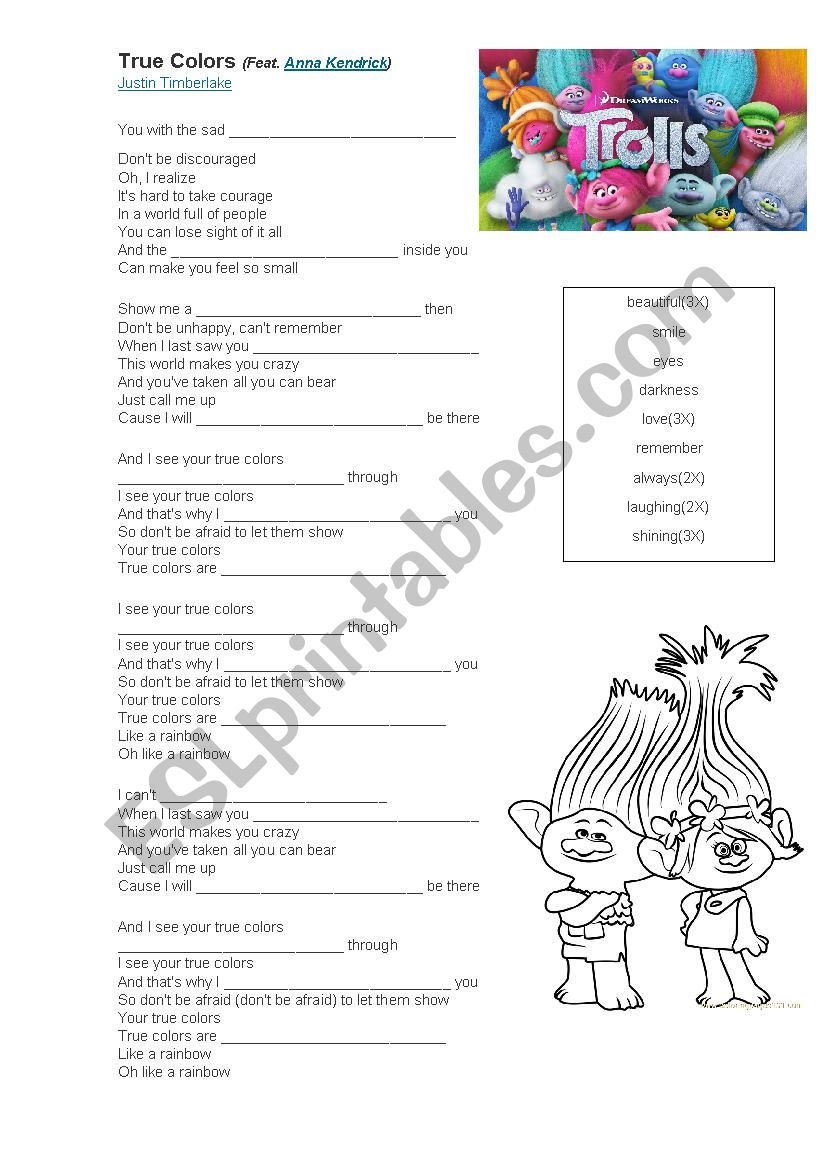 True Colors - Trolls worksheet