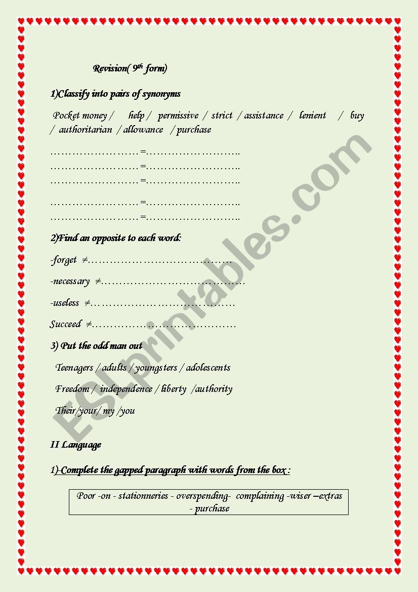 Revision 1 9 TH FORM worksheet