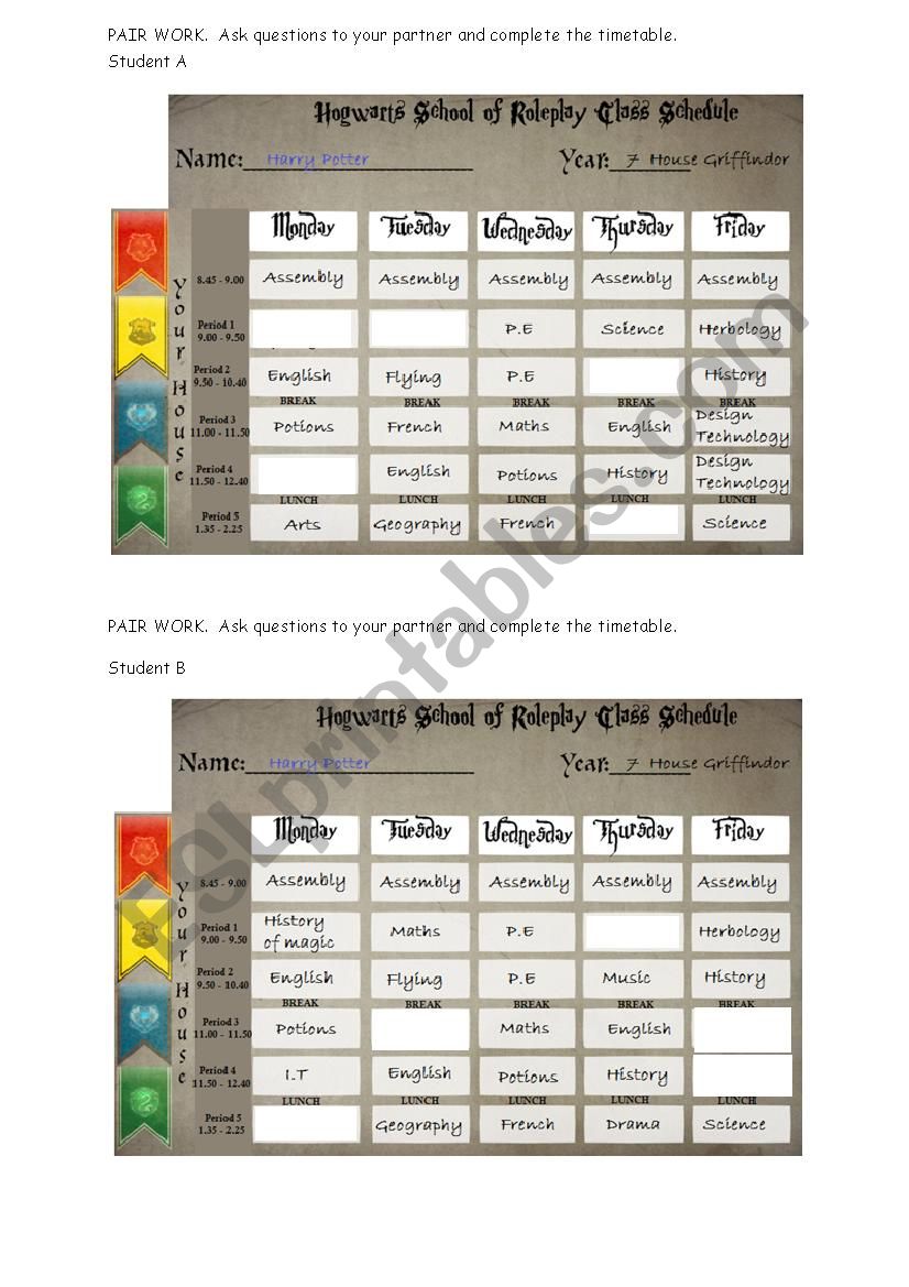 PAIR WORK - Harry potters timetable