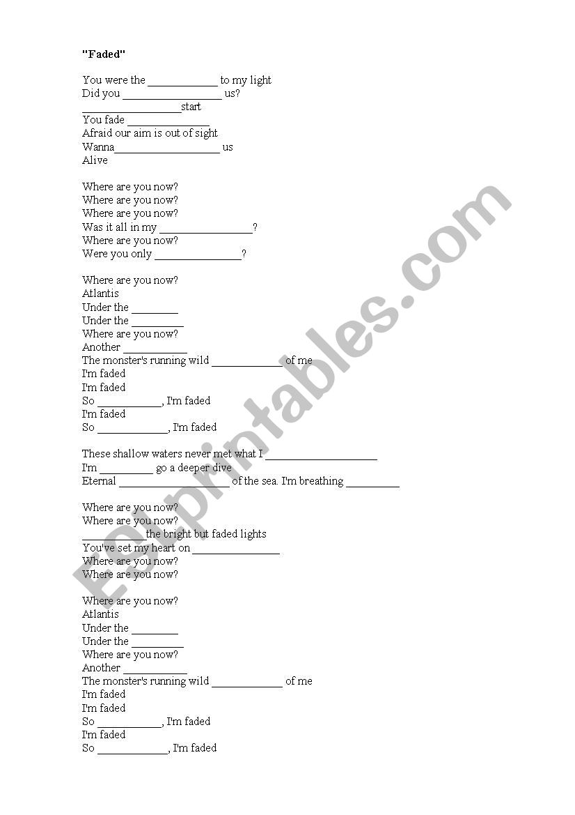 Faded song worksheet