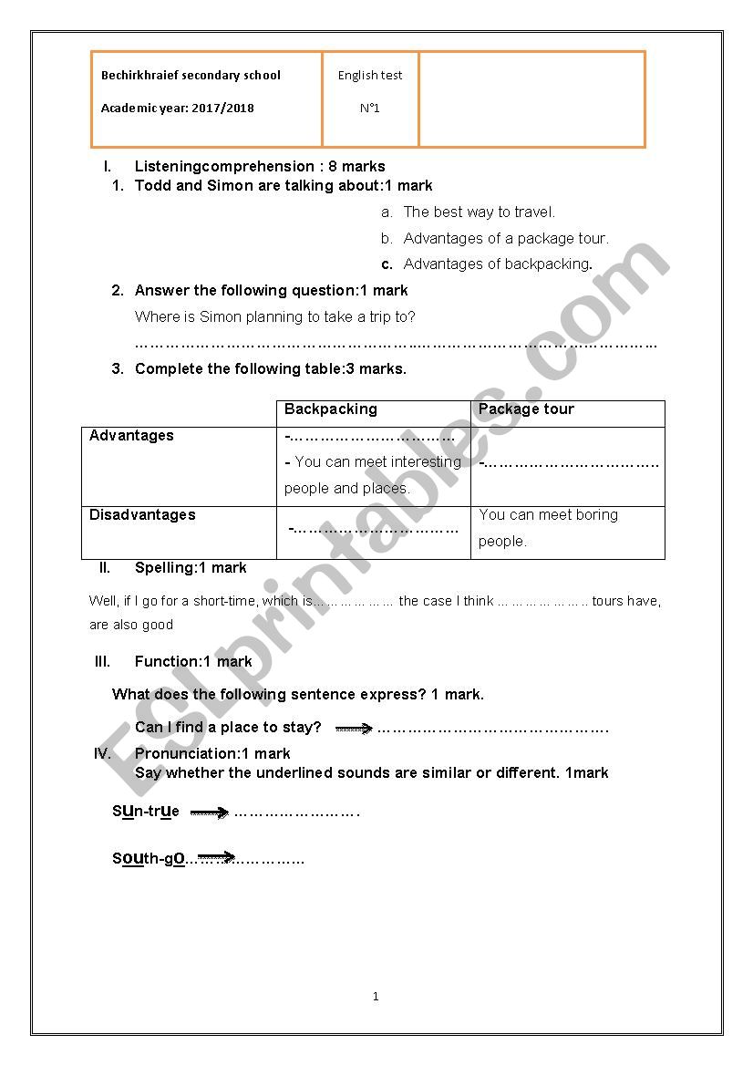 4 th form arts test n1 worksheet