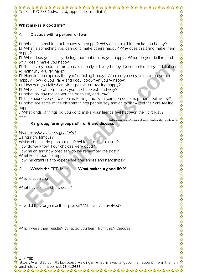 What makes a good life  worksheet