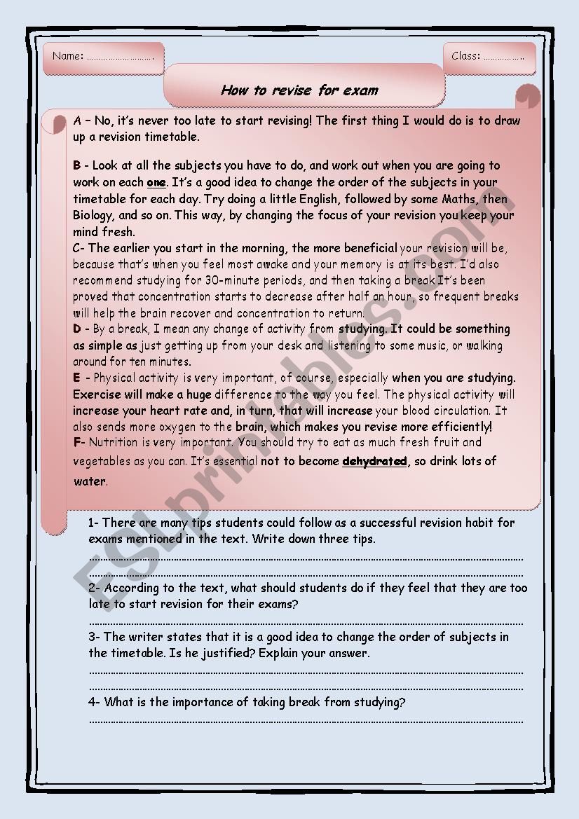 how to revise for exams worksheet