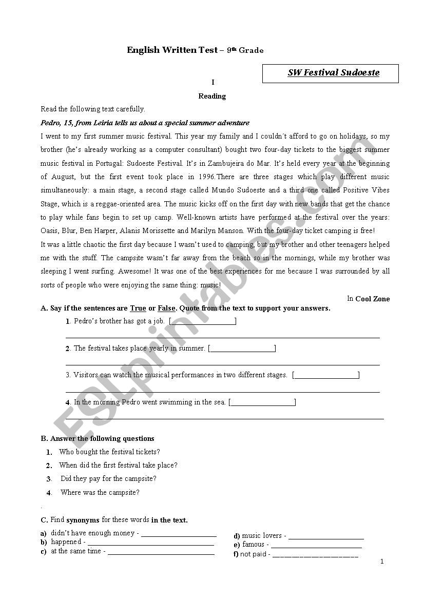 Entertainment / Events worksheet