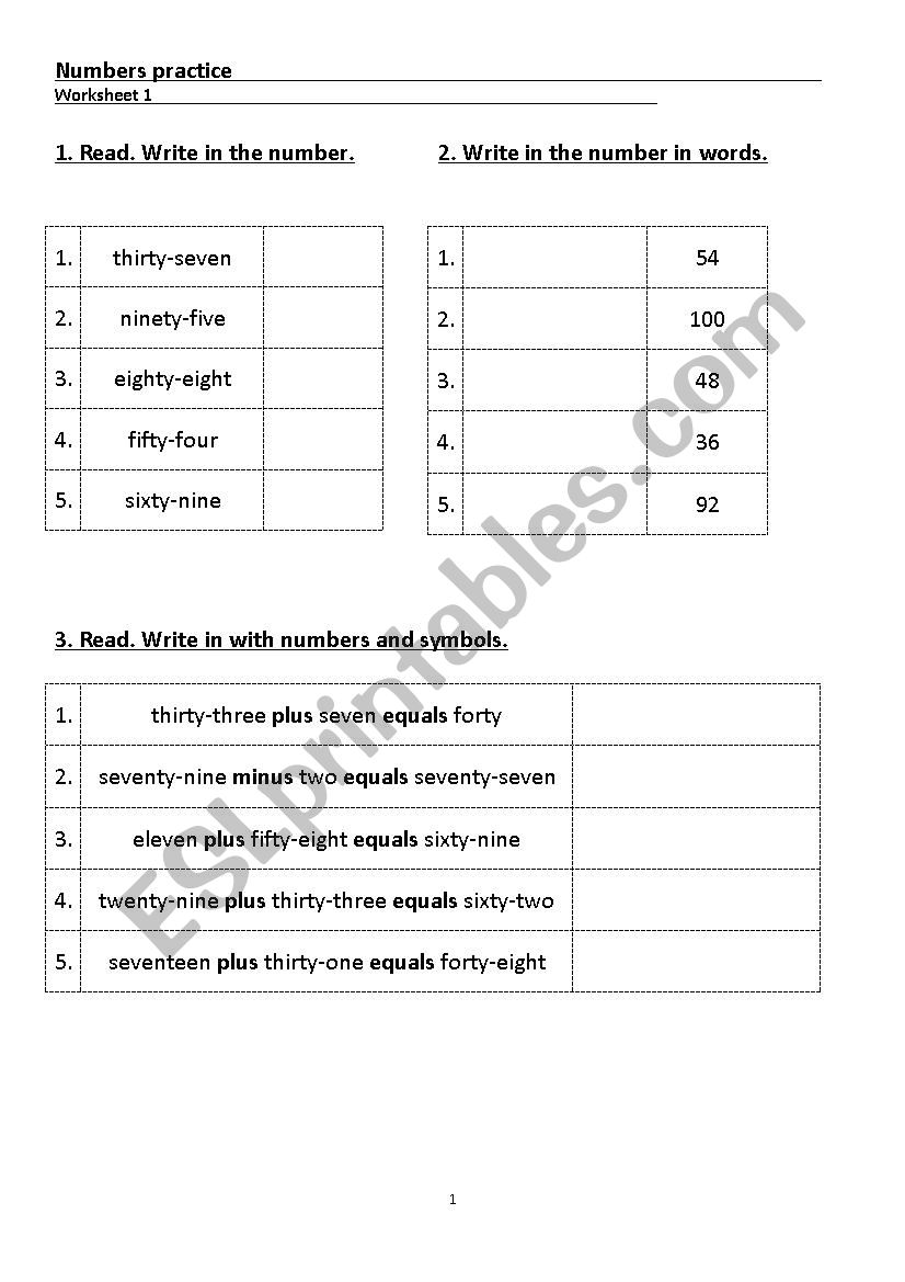 Numbers practice worksheet