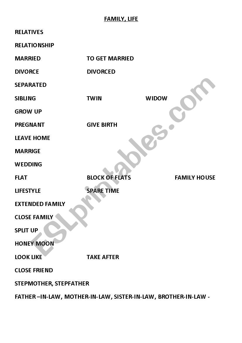 Vocabulary bank to talk about family, relationships, life