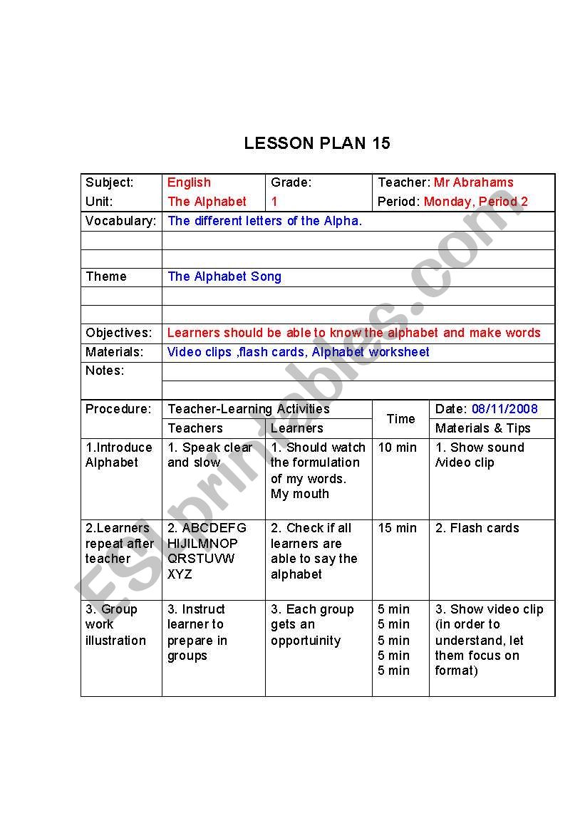 Alphabet Lesson plan worksheet