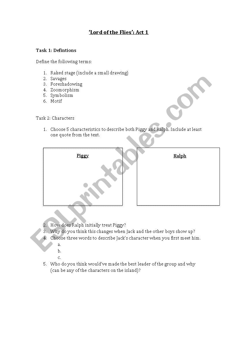 Lord Of The Flies Drama Act 1 Questions And Activities Esl