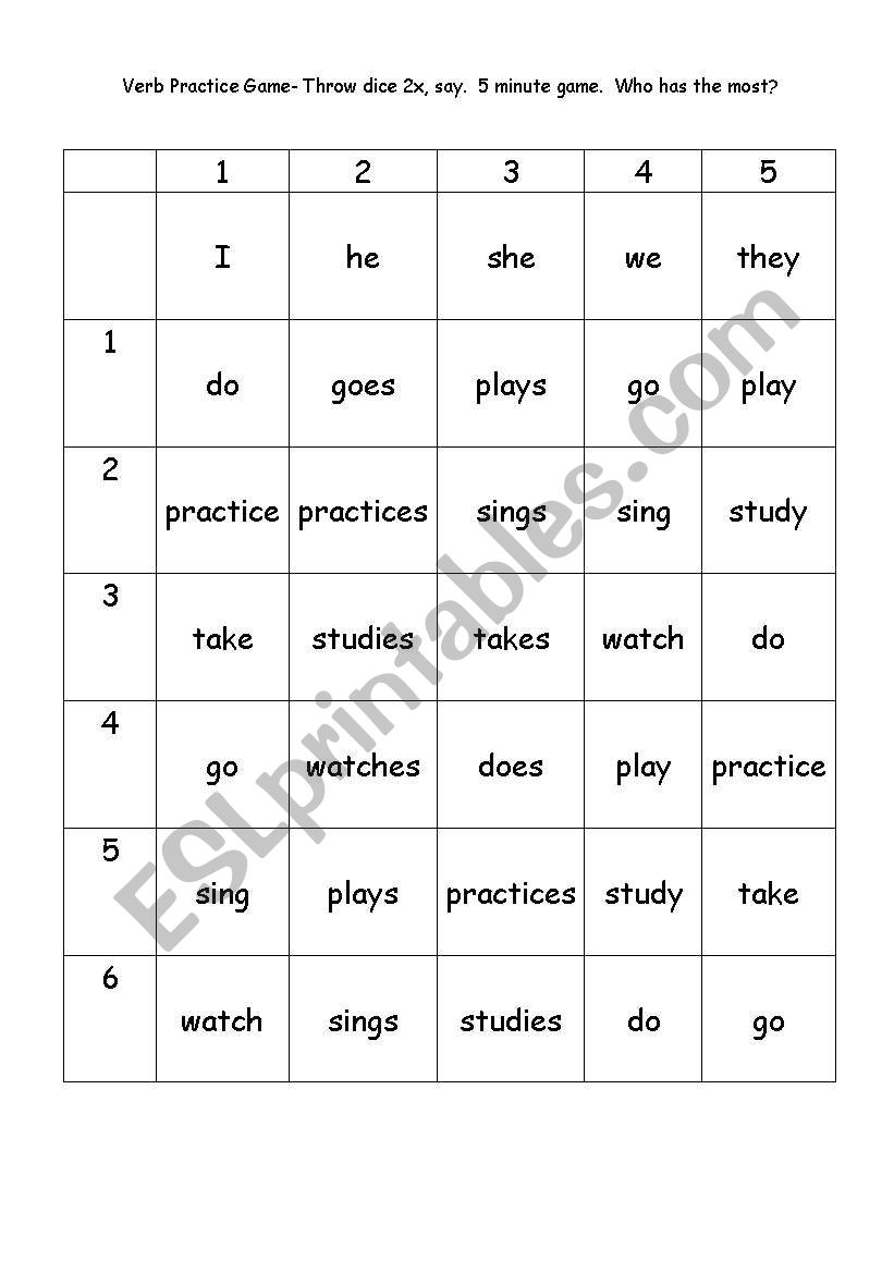 verb practice game worksheet