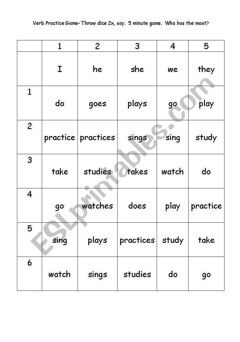 verb practice game worksheet