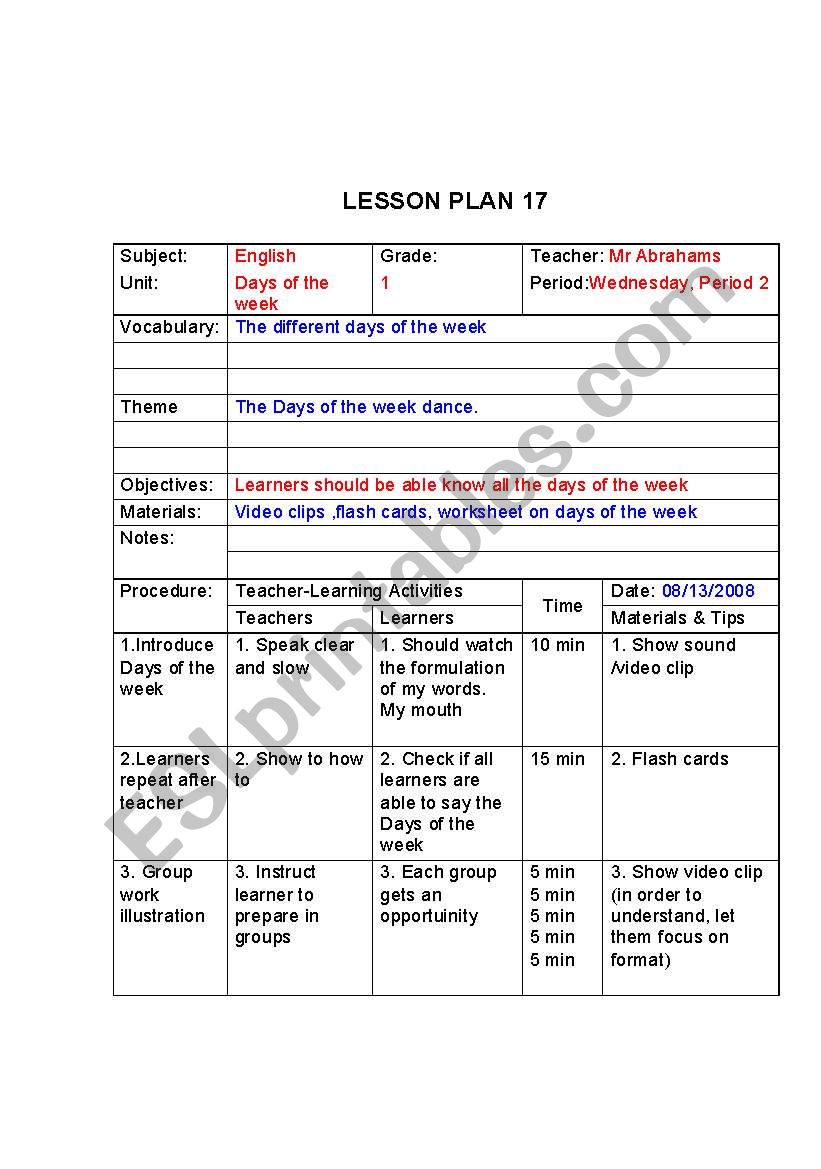 Days of the week lesson plan worksheet