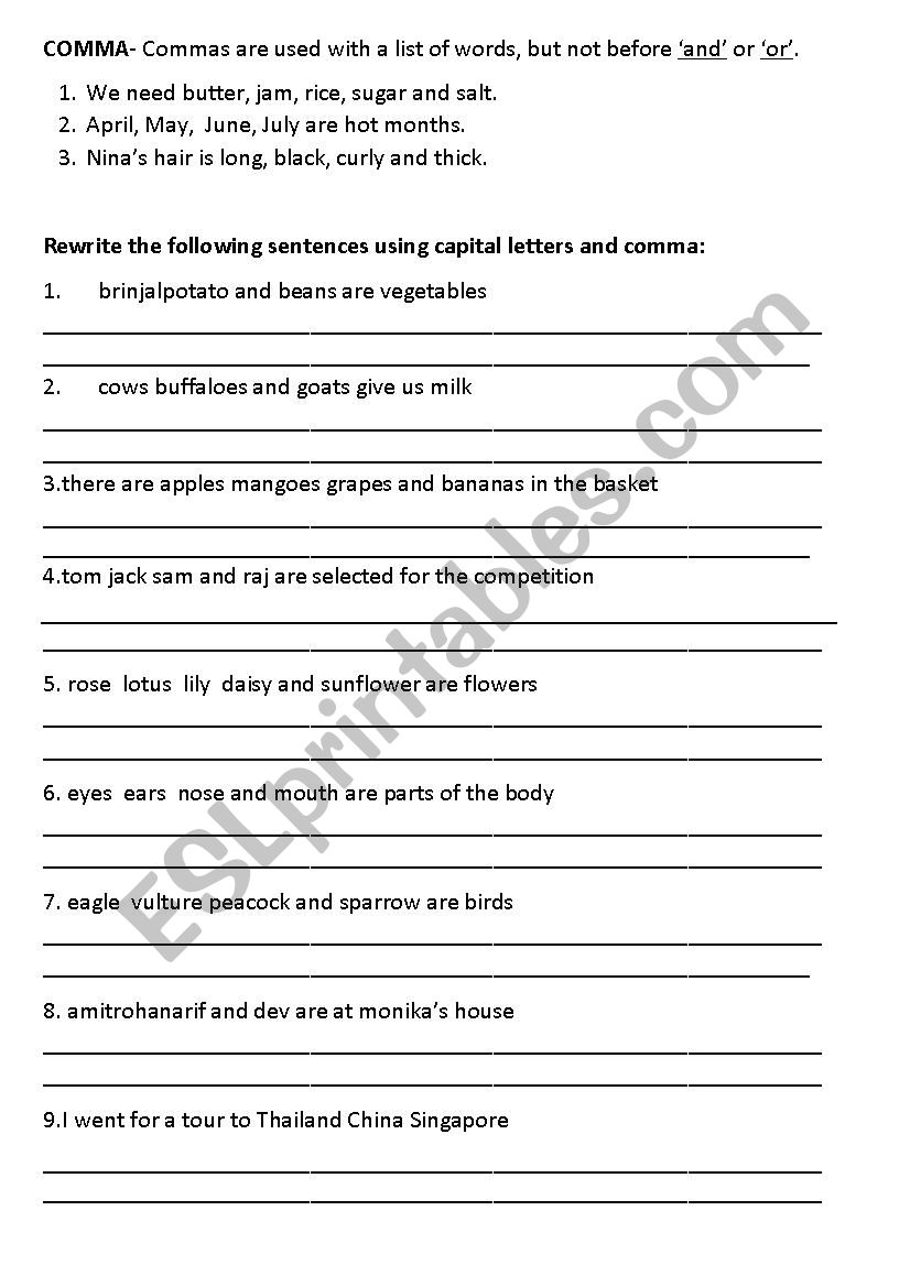 commas worksheet