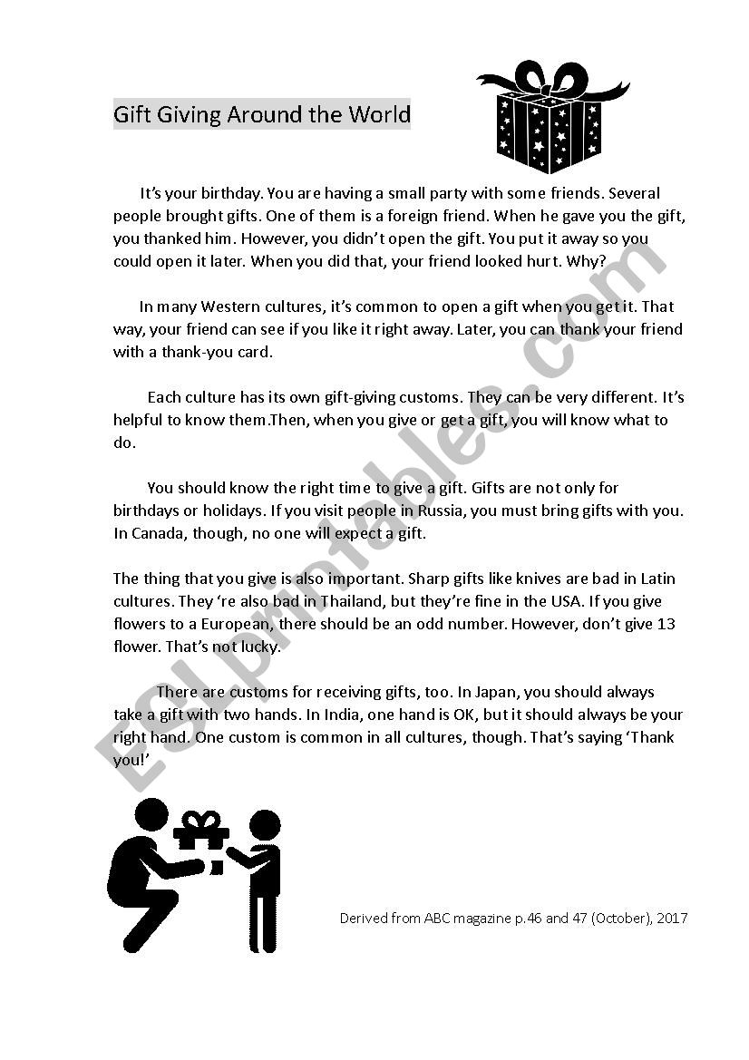 Gift giving around the World worksheet