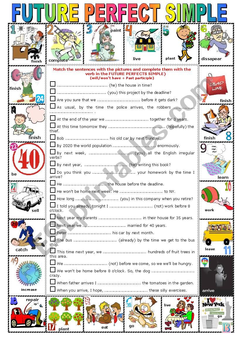 FUTURE PERFECT SIMPLE - Pictionary + Exercises + KEY + teacher´s extras FUTURE PERFECT SIMPLE - Pictionary + Exercises + KEY + teacher´s extras