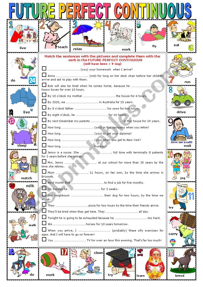 FUTURE PERFECT CONTINUOUS -  Pictionary + Exercises + KEY + teacherÂ´s extras  