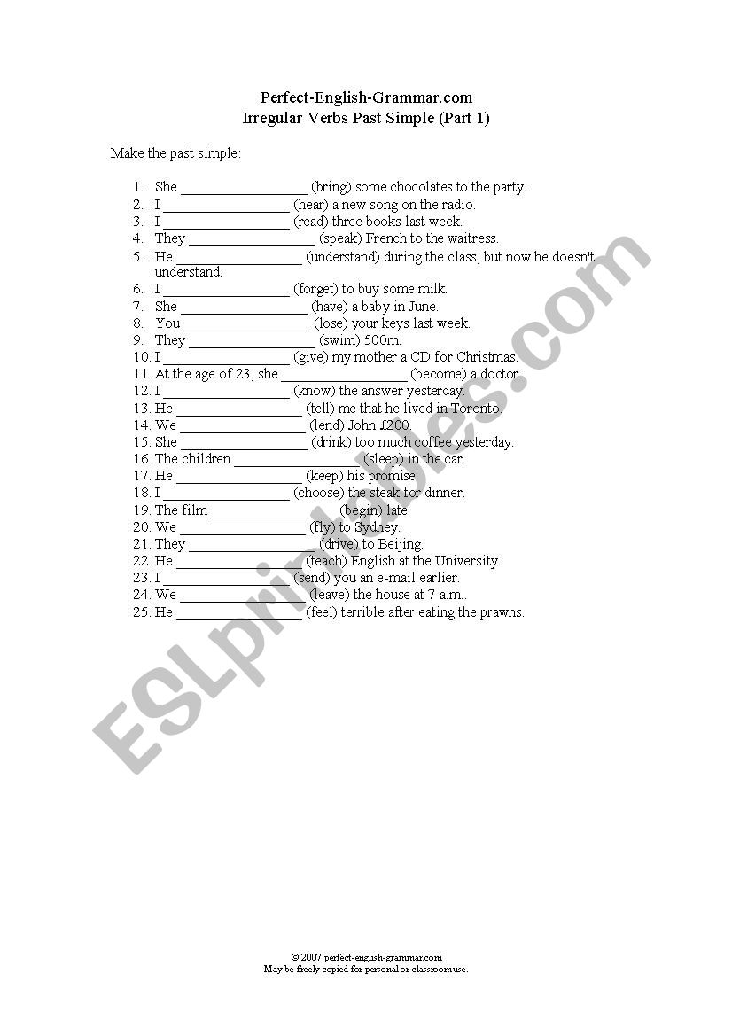 Irregular verbs, past simple worksheet