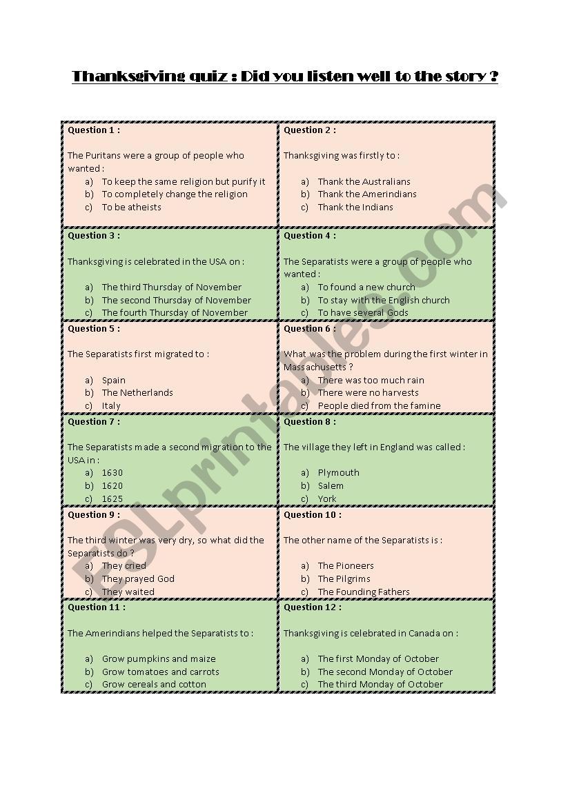 Thanksgiving quiz worksheet