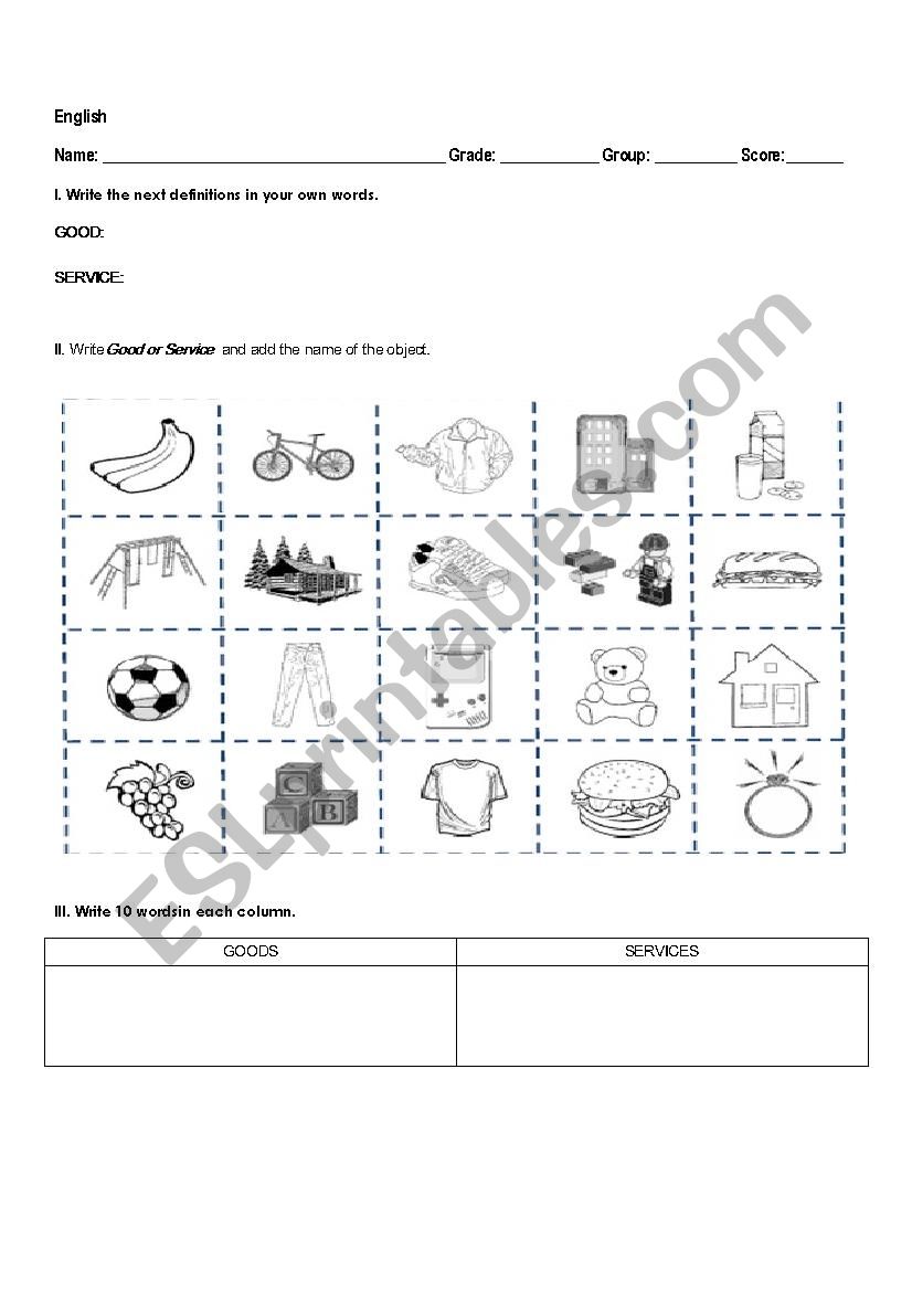 Goods and Services  worksheet