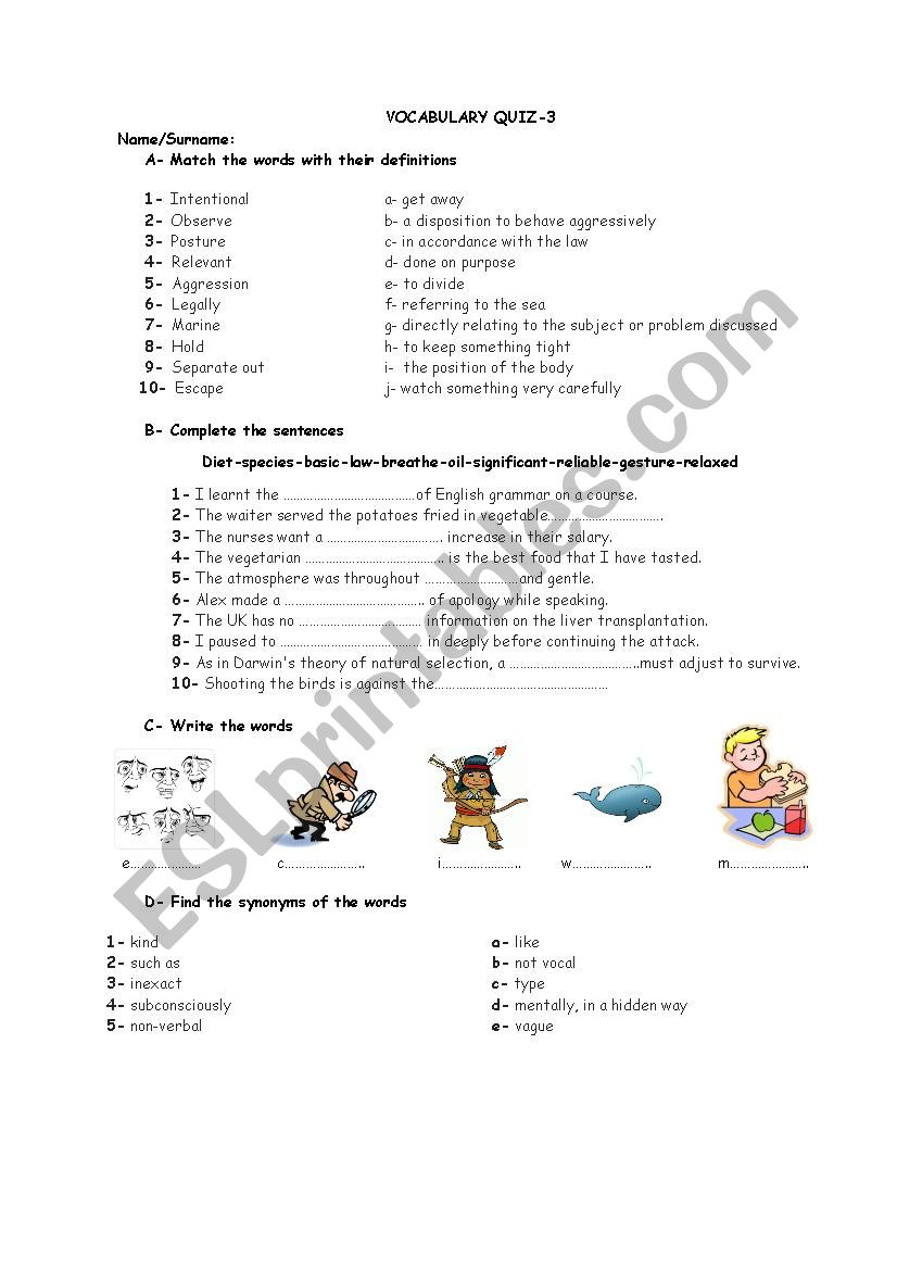Vocabulary Quiz-3 worksheet