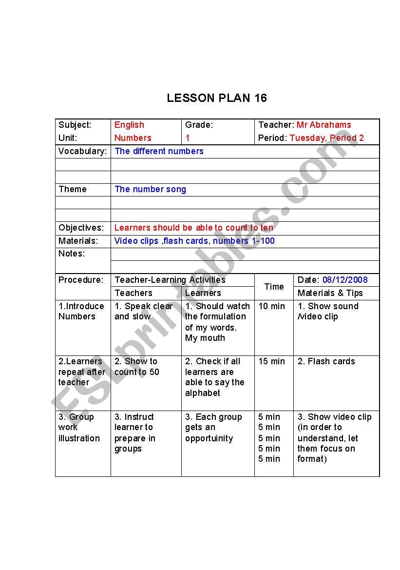 Number lesson plan worksheet