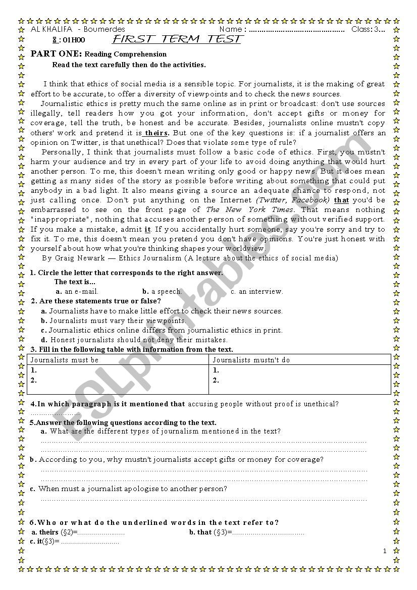 ethics in journalism worksheet