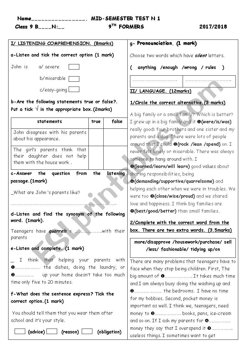 Mid semester test N1 9th formers( family)