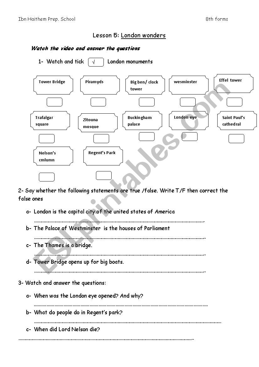 london wondres worksheet