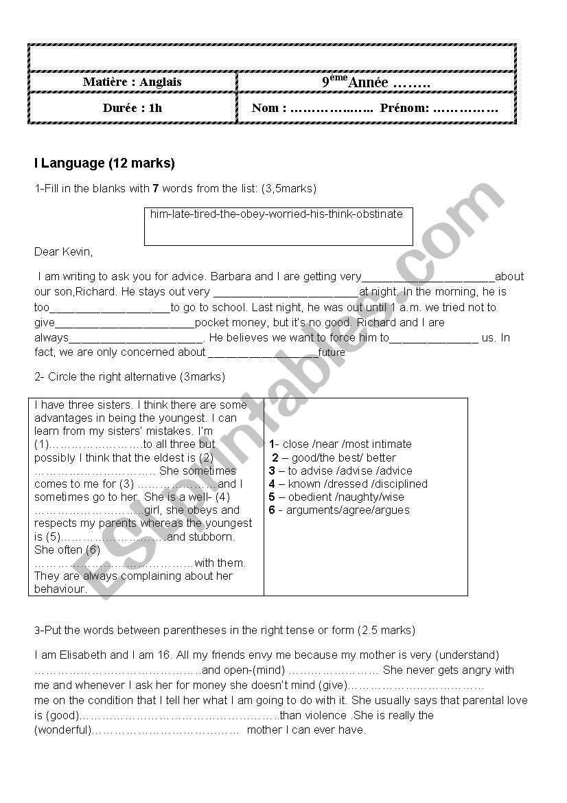 MID TERM  9TH FORM TEST worksheet