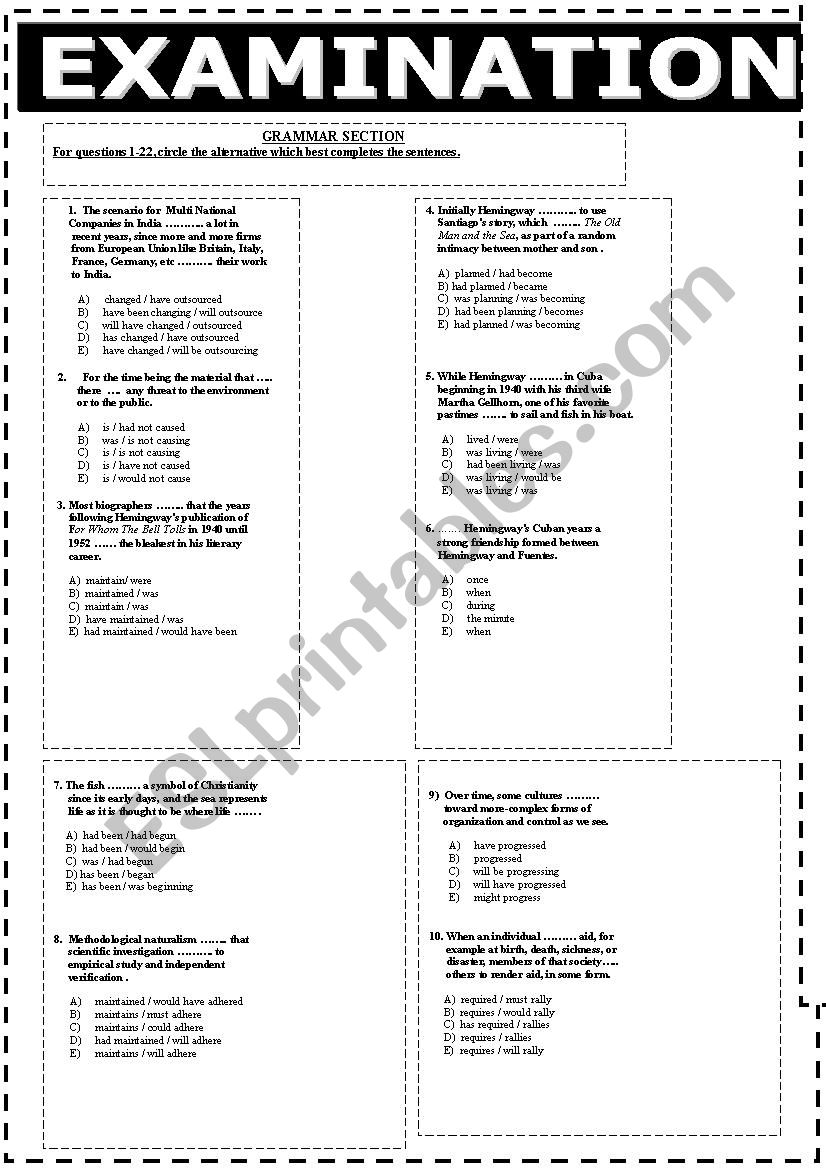 EXAMINATION 2 PAGES GRAMMAR AND VOCABULARY KEY INCLUDED