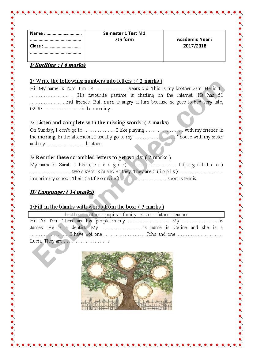 semester 1 test n1 7th form worksheet