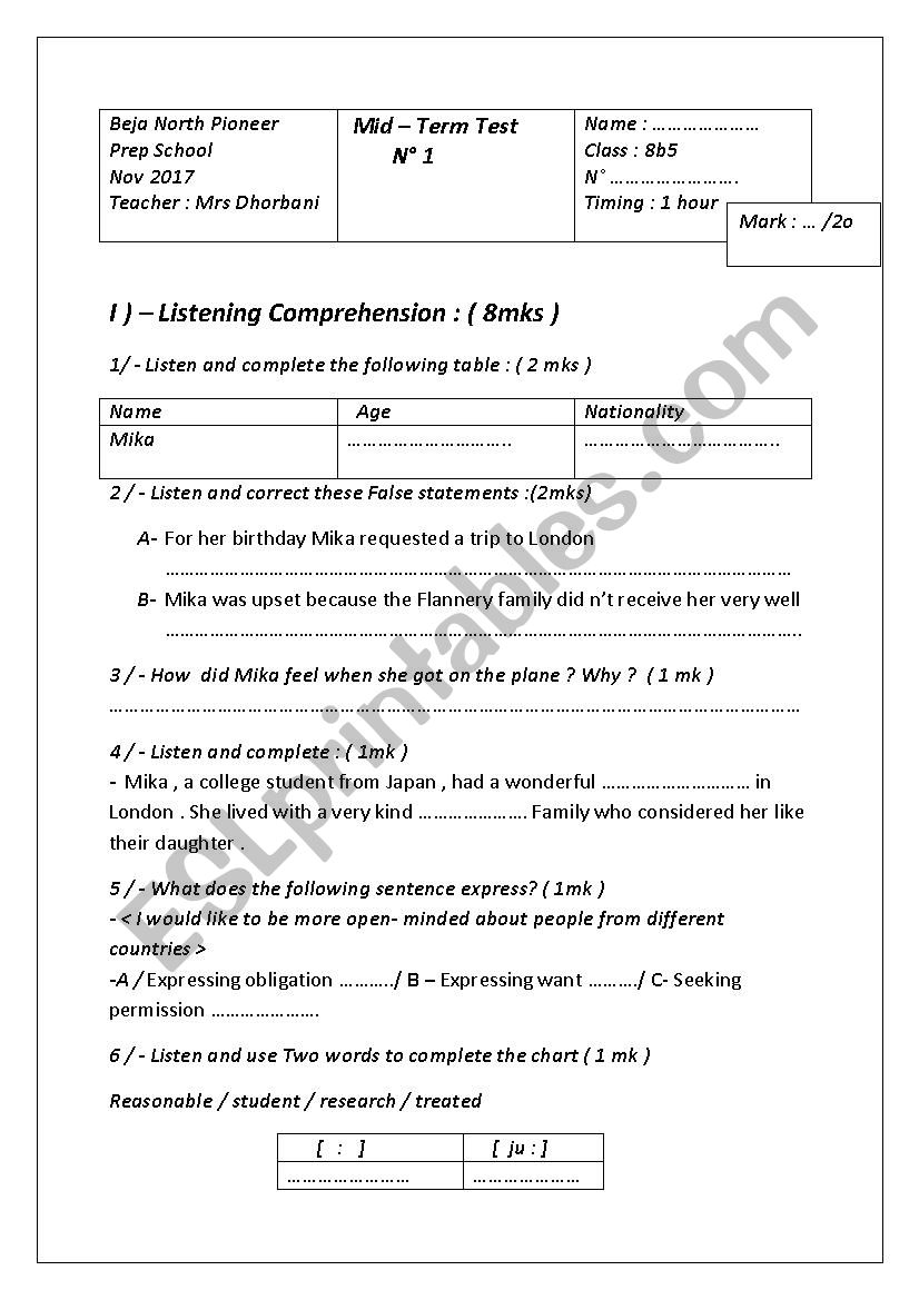 semster 1 test n1 8th form worksheet