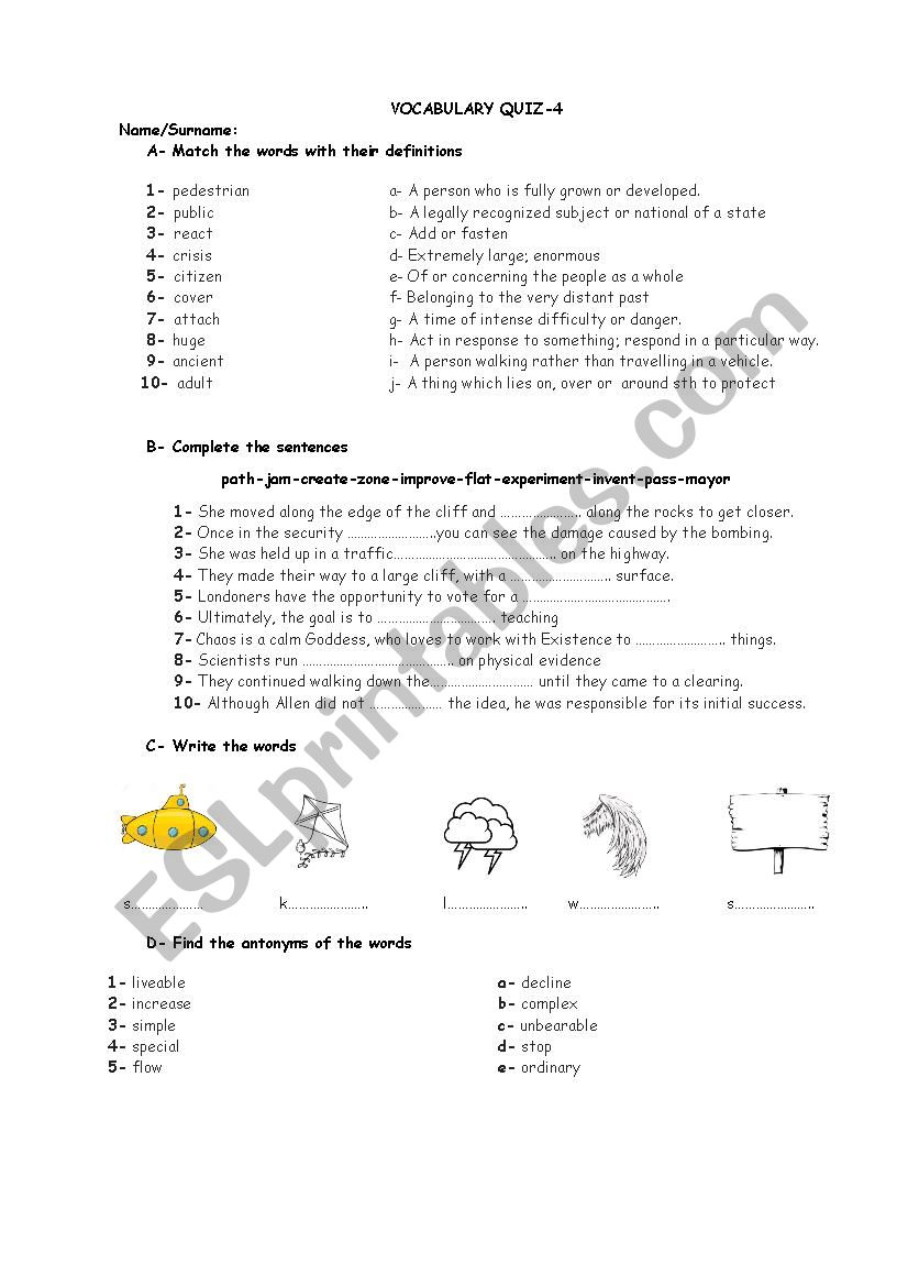 Vocabulary Quiz-4 worksheet