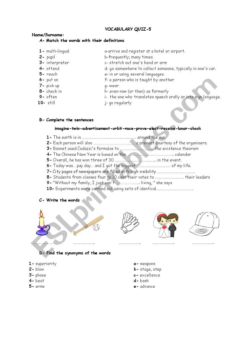 Vocabulary Quiz-5 worksheet