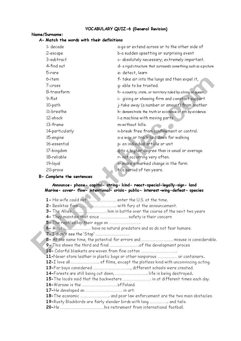 Vocabulary Quiz-6 worksheet
